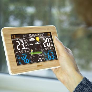 Preview: Wetterstation mit Funk-Aussensensor (100m) - Beleuchtetes Bambus-Display - Thermo-Hygro-Barometer, zuverlässige Wetterdaten für Ihr Zuhause