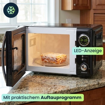 Preview: Stylische Vintage-Mikrowelle, 20 Liter, 700 Watt, 5 Stufen, schwarz. Robuster Retro-Mikrowellenofen, ideal für den modernen Küchen-Look