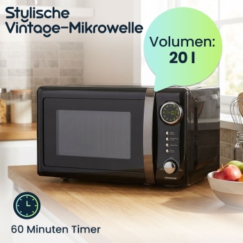 Preview: Stylische Vintage-Mikrowelle, 20 Liter, 700 Watt, 5 Stufen, schwarz. Robuster Retro-Mikrowellenofen, ideal für den modernen Küchen-Look