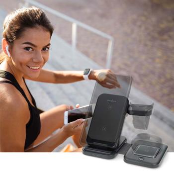 Preview: Schneller 3-in-1 Wireless Charger (15W, Qi) USB-C/A - schwarz, mit LED - für Smartphones, Watches, Pods & mehr - Komfort + Ordnung