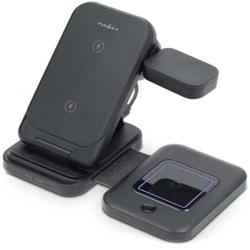 Schneller 3-in-1 Wireless Charger (15W, Qi) USB-C/A - schwarz, mit LED - für Smartphones, Watches, Pods & mehr - Komfort + Ordnung