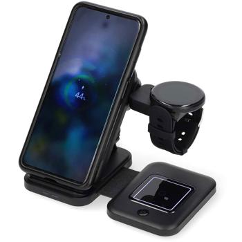 Preview: Schneller 3-in-1 Wireless Charger (15W, Qi) USB-C/A - schwarz, mit LED - für Smartphones, Watches, Pods & mehr - Komfort + Ordnung