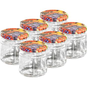 Preview: 6 Einmachgläser (210ml) mit Schraubdeckel - Sturzgläser mit Früchte-Muster - Ideal für Marmelade, Gelee, Desserts - Luftdicht & hübsch