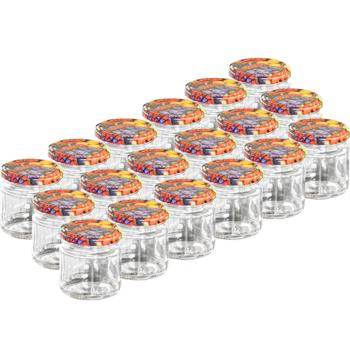 18 Einmachgläser (210ml) mit Schraubdeckel - Sturzgläser mit Früchte-Muster - Ideal für Marmelade, Gelee, Desserts - Luftdicht & hübsch