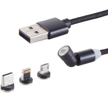 Preview: 3er-Set 3in1 Magnet Ladekabel,USB-A auf USB Micro-B, USB-C & Lightning, schwarz, 2 m