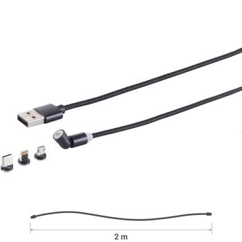Preview: 2er-Set 3in1 Magnet Ladekabel,USB-A auf USB Micro-B, USB-C & Lightning, schwarz, 2 m