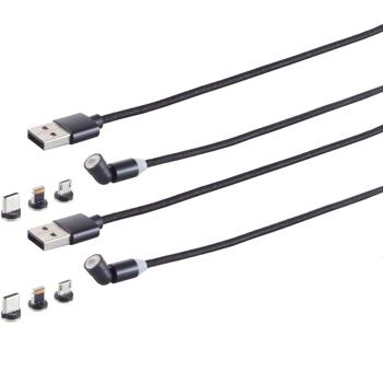2er-Set 3in1 Magnet Ladekabel,USB-A auf USB Micro-B, USB-C & Lightning, schwarz, 2 m