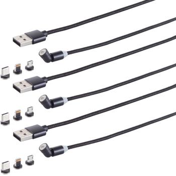 3er-Set 3in1 Magnet Ladekabel,USB-A auf USB Micro-B, USB-C & Lightning, schwarz, 2 m