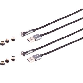2er-Set 3in1 Magnet Ladekabel - Schnellladefunktion & Datentransfer - USB Micro-B, USB-C, Lightning, 2m, 180°/360° drehbar, Textilgewebe, schwarz