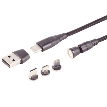 6in1 Magnet Ladekabel - PowerDelivery 60W, USB-C/A auf Micro-B/C/Lightning - 180° winkelbarer Magnetstecker, 2m - Textilmantel, Schwarz