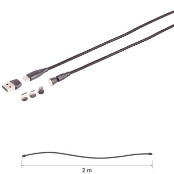 Preview: 6in1 Magnet Ladekabel - PowerDelivery 60W, USB-C/A auf Micro-B/C/Lightning - 180° winkelbarer Magnetstecker, 2m - Textilmantel, Schwarz