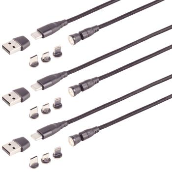 3er-Set 6in1 Magnet Ladekabel - PD 60W schnelles Laden & Datenübertragung für Smartphone, Tablet, Laptop - USB-C/A auf Micro-B, USB-C & Lightning - 2m