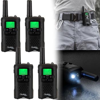 4er-Set Profi Akku-PMR-Funkgerät, Gürtelclip & Taschenlampe, Walkie Talkie mit 10km Reichweite, 8 Kanäle, Ladestation, 8 Stunden Sprechzeit