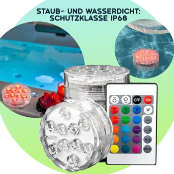 Preview: 8er-Set Multicolor-LED-Unterwasserleuchten: 15 Farben, Fernbedienung, IP68 - für beeindruckende Lichteffekte unter Wasser