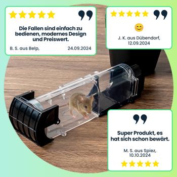 Preview: 3er-Set Tierfreundliche Lebendfalle für Mäuse: Wiederverwendbare, transparente Mausefalle (31,5x7,5x8cm) für sichtbaren Fang – Sicher & effektiv