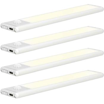 Preview: 4er-Set praktische Akku LED-Lichtleiste mit Bewegungssensor, 20,5 cm, Aluminium, Magnetstreifen und Klebeband, 1100 mAh Akku