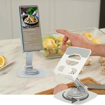 Preview: 2er-Set Universal Smartphone Halterung aus Aluminium - 360° schwenkbar, faltbar & robust - Sicherer Halt, Anti-Rutsch, lädt Handy - Silber