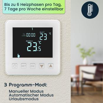 Preview: 2er-Set Wandthermostat für Fussbodenheizung - Programmierbar mit Touch-Tasten, LCD-Display & Urlaubsmodus - Frostschutz - 2 Sensoren - 230V