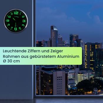 Preview: Moderne Funk Wanduhr, 30 cm, Aluminium, Quarz-Uhrwerk, leise, nachleuchtend, silber-schwarz -Präzise Zeit, stilvolle Wanduhr für Büro & Heim