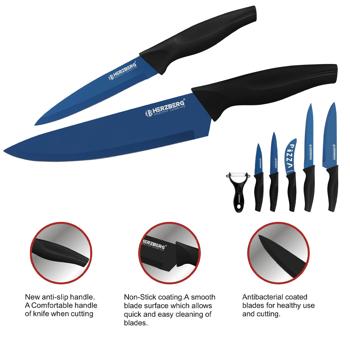 Preview: Edles Messer-Set 6-tlg. mit Keramikschäler - ultrascharfe Edelstahlklingen - Antihaft-Marmorbeschichtung blau - korrosions-, kratz- & rostfrei - PP-Griffe