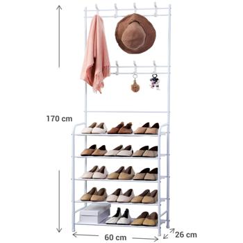 Preview: Multifunktionaler Garderobenständer & Schuhregal aus Metall - 170x60cm, edles weiss - Modernes Design für Flur & Eingangsbereich – Stilvoll & Praktisch