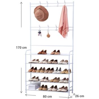 Preview: Garderobenständer mit Schuhregal, weiss, 170x80cm – 2-in-1 Lösung, platzsparende Garderobe mit Schuhablage, funktional