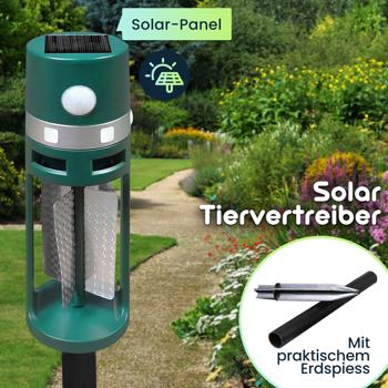 Preview: Solar Tiervertreiber mit Erdspiess und Bewegungssensor, Ultraschall und Lichtblitze, vertreibt Hunde, Katzen, Füchse, Vögel sowie Ratten und Mäuse