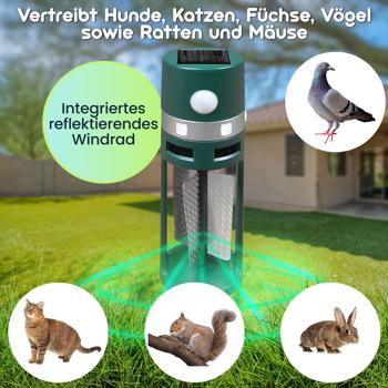 Preview: Solar Tiervertreiber mit Erdspiess und Bewegungssensor, Ultraschall und Lichtblitze, vertreibt Hunde, Katzen, Füchse, Vögel sowie Ratten und Mäuse