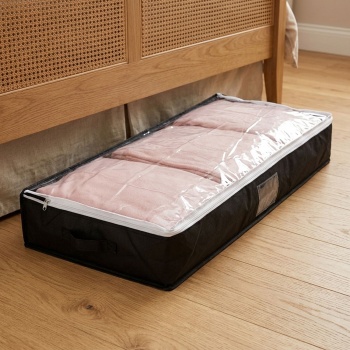 Preview: Unterbettkommode mit Sichtfenster & Handgriff – extra Stauraum für Bettwäsche & Kleidung – 100x45x16cm schwarz – Schutz vor Motten & Staub