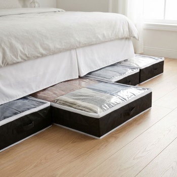 Preview: Unterbettkommode mit Sichtfenster & Handgriff – extra Stauraum für Bettwäsche & Kleidung – 100x45x16cm schwarz – Schutz vor Motten & Staub