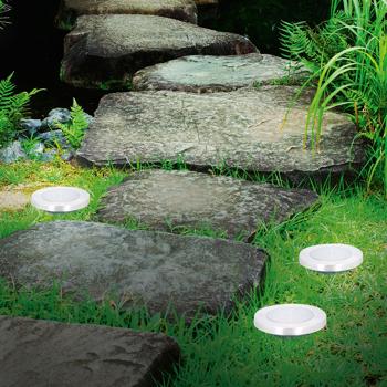 Preview: Solar Bodenleuchte Edelstahl mit Erdspiess - Ø 12x12 cm - LED-Lampe für Gartenwege Terrasse - Automatisch Ein/Aus Sensor - 8h Leuchtdauer