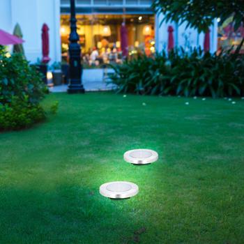 Preview: Solar Bodenleuchte Edelstahl mit Erdspiess - Ø 12x12 cm - LED-Lampe für Gartenwege Terrasse - Automatisch Ein/Aus Sensor - 8h Leuchtdauer