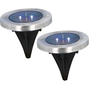 2er-Set Solar Bodenleuchte Edelstahl mit Erdspiess - Ø 12x12 cm - 2 SMD LEDs, 8h Leuchtdauer, Auto Ein/Aus Sensor - Garten & Terrasse Beleuchtung