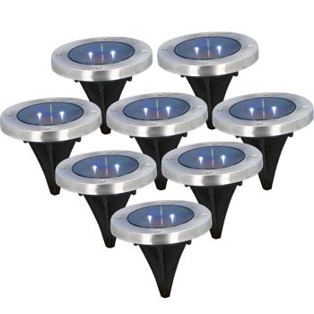 8er-Set Solar Bodenleuchten Edelstahl - Beleuchtung für Gartenwege & Terrassen - 2 SMD LEDs, 8h Leuchtdauer, Ø 12x12 cm, Erdspiess, Auto Ein/Aus Sensor