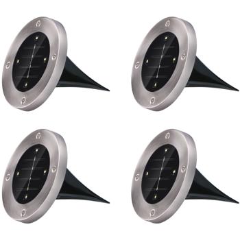 Preview: 4er-Set Solar Bodenleuchte Edelstahl mit Erdspiess - Wegbeleuchtung Garten & Terrasse - 8h Leuchtdauer, Ø 12x13cm, 4x SMD LED, Auto Ein/Aus Sensor