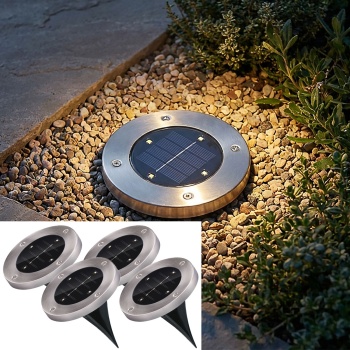 4er-Set Solar Bodenleuchte Edelstahl mit Erdspiess - Wegbeleuchtung Garten & Terrasse - 8h Leuchtdauer, Ø 12x13cm, 4x SMD LED, Auto Ein/Aus Sensor