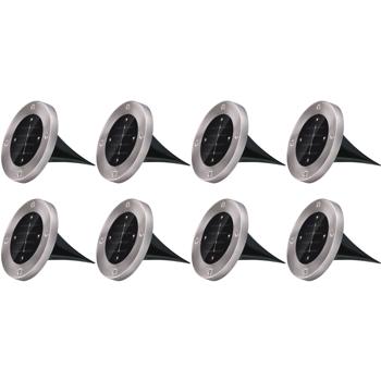 Preview: 8er-Set Solar Bodenleuchte Edelstahl - für Gartenweg & Terrasse - 8h Leuchtdauer, Auto-Sensor, Ein/Aus-Schalter, 4x SMD LEDs - Ø 12x13cm