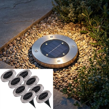 8er-Set Solar Bodenleuchte Edelstahl - für Gartenweg & Terrasse - 8h Leuchtdauer, Auto-Sensor, Ein/Aus-Schalter, 4x SMD LEDs - Ø 12x13cm
