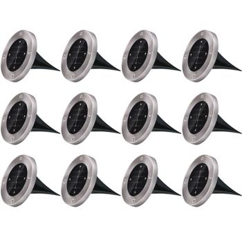 Preview: 12er-Set Solar Bodenleuchte - Edelstahl mit Erdspiess - 4x SMD LED - Bis zu 8h Leuchtdauer - Ø 12x13 cm - Ideal für Gartenweg & Terrasse