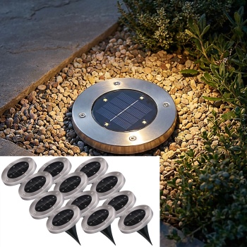 12er-Set Solar Bodenleuchte - Edelstahl mit Erdspiess - 4x SMD LED - Bis zu 8h Leuchtdauer - Ø 12x13 cm - Ideal für Gartenweg & Terrasse