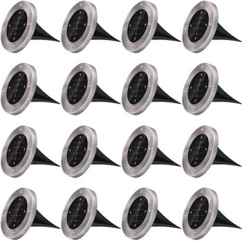 Preview: 16er-Set Solar Bodenleuchte Edelstahl Ø 12x13 cm - Garten & Terrasse Beleuchtung bis 8h Leuchtdauer - Auto Ein/Aus Sensor - 4x SMD LEDs