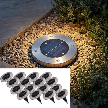 16er-Set Solar Bodenleuchte Edelstahl Ø 12x13 cm - Garten & Terrasse Beleuchtung bis 8h Leuchtdauer - Auto Ein/Aus Sensor - 4x SMD LEDs