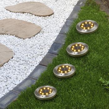 Preview: 4er-Set LED-Bodenleuchte Solar Edelstahl – Wegeleuchte für Garten/Hinterhof – Ø 12xH 14 cm - 8 warmweisse LEDs – mit Erdspiess