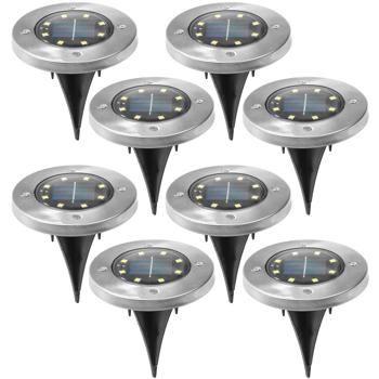 8er-Set LED-Bodenleuchte Solar-Wegeleuchte - für Garten & Gehwege - Edelstahl, Ø 12x14 cm - warmweisses Licht, 8 LEDs - wetterfest, Erdspiess