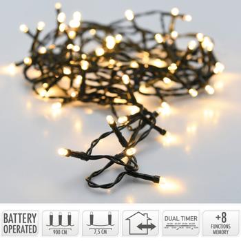 Preview: LED Lichterkette mit 8 Leuchtmodi und Timer, 9 m, batteriebetrieben, IP44, warm-weiss
