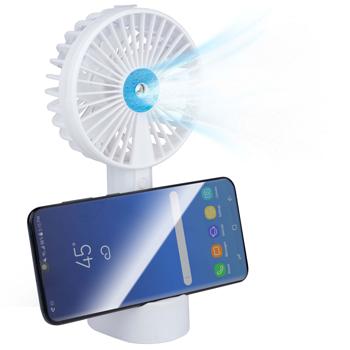 Sprühventilator mit Handyhalter - Hand-Ventilator, Akkubetrieb & USB-Aufladung, 3 Stufen, Zerstäuber-Düse, 23 ml Wassertank, weiss - 10x21 cm