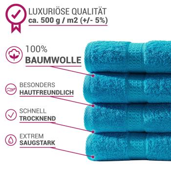 Preview: 4er-Set Duschtücher - 70x140 cm in Türkis - 100% luxuriöse Baumwolle - Kuschelweich, saugstark, schnelltrocknend & OEKO-TEX Standard 100 zertifiziert - Mit 2 Bordüren