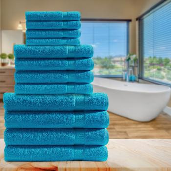 Preview: Handtuchset 12-teilig - 4 Gäste-, 4 Hand- & 4 Duschtücher - 100% Baumwolle, türkis - kuschelweich, saugstark, OEKO-TEX Standard 100 zertifiziert