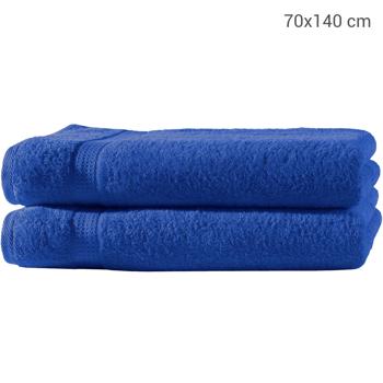 Preview: 2er-Set Luxus Duschtücher (70x140cm): 100% Baumwolle (500g/m²), Royal blau, 2 Bordüren - Saugstark, weich, schnelltrocknend