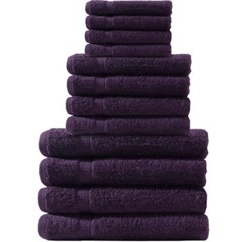 Preview: Hochwertiges 12-tlg. Baumwoll-Handtuchset (500g/m²): Weiche Gäste-, Hand- & Duschtücher in trendiger Farbe Aubergine – flauschig und saugstark